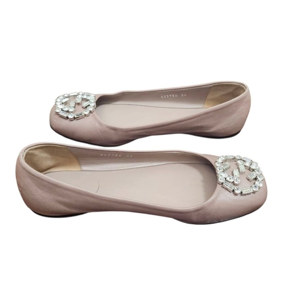 Gucci Women's Ballet Flats Pink Satin Square Toe GG Crystal Logo Designer Shoes - Picture 6 of 15